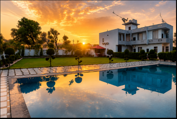 Mandiya Villa with swimming pool and landscaped lawn at sunset near Jaipur.